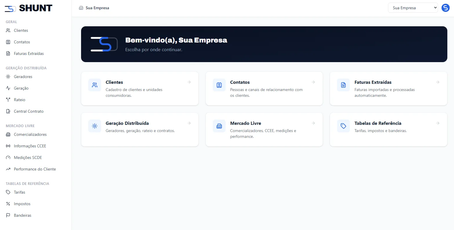 Painel inicial da plataforma SHUNT com acesso a clientes, geração distribuída, mercado livre e faturas extraídas